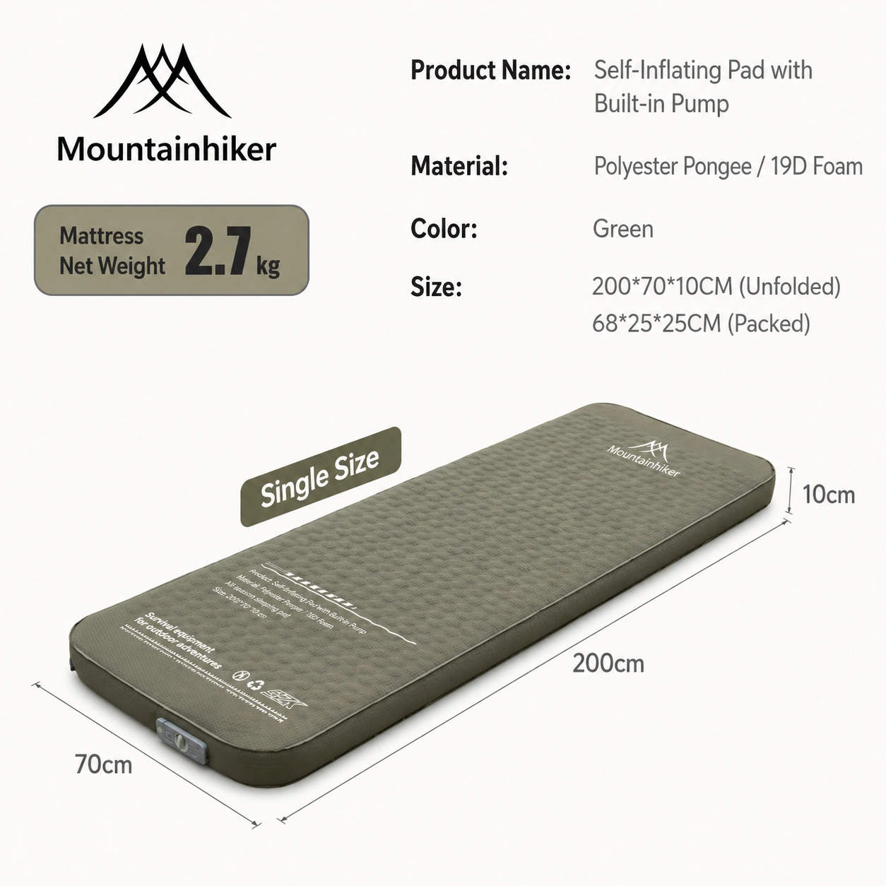 Mountainhiker Self Inflating Camping Mattress 10cm Thick Built-in Pump Single - image 1