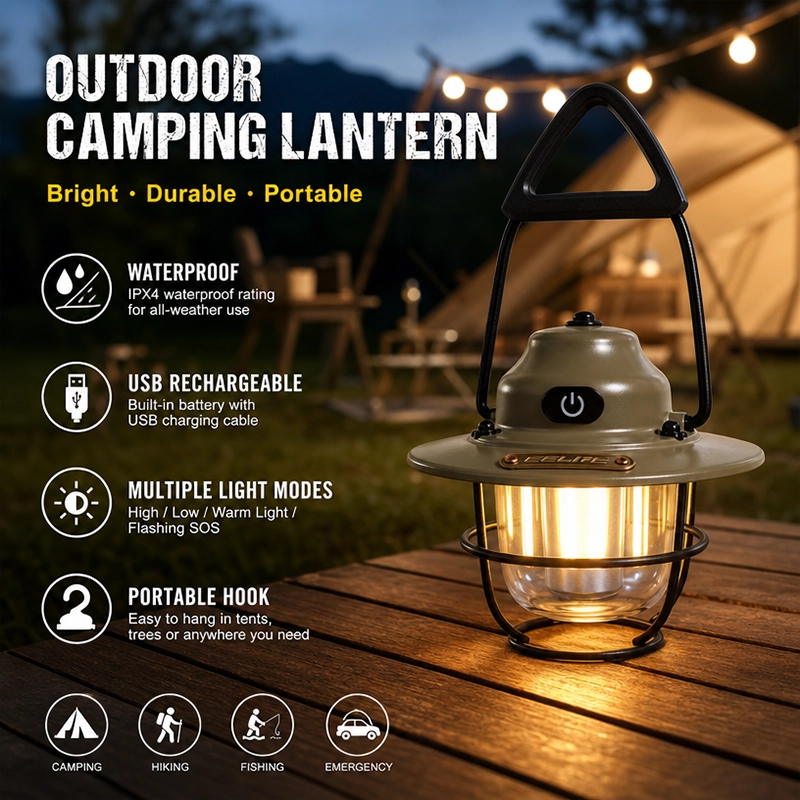 Rechargeable LED Camping Lantern Vintage Hanging Light USB Outdoor Tent Lamp - image 9